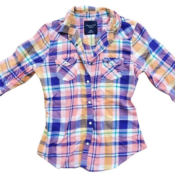 American Eagle Colorful Plaid Button-down Shirt Women's Size Medium 90% Cotton - Picture 1 of 5